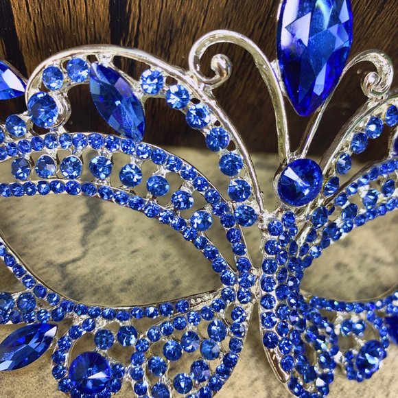 Blue Masquerade Mask, Crystal Mask Rhinestone, Venetian Party, Prom, Mardi Gras - Picture 3 of 4